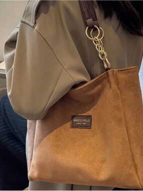 Marco Polo Tan Suede Tote Bag with Gold Hardware